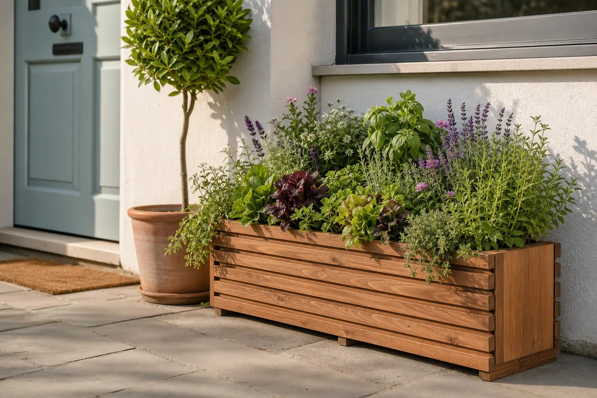 The Sussex planter against a house wall beside a back door, planted with herbs