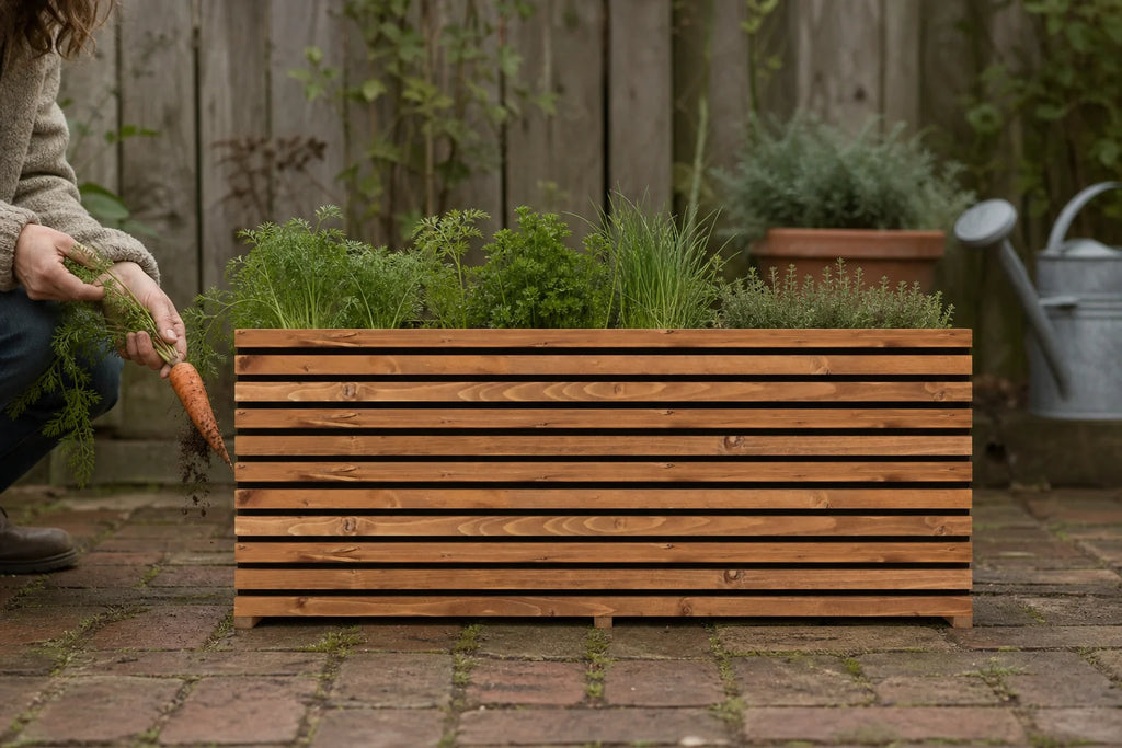 Gardener holding a carrot beside a fitted tan Sussex planter height extension planted with herbs.