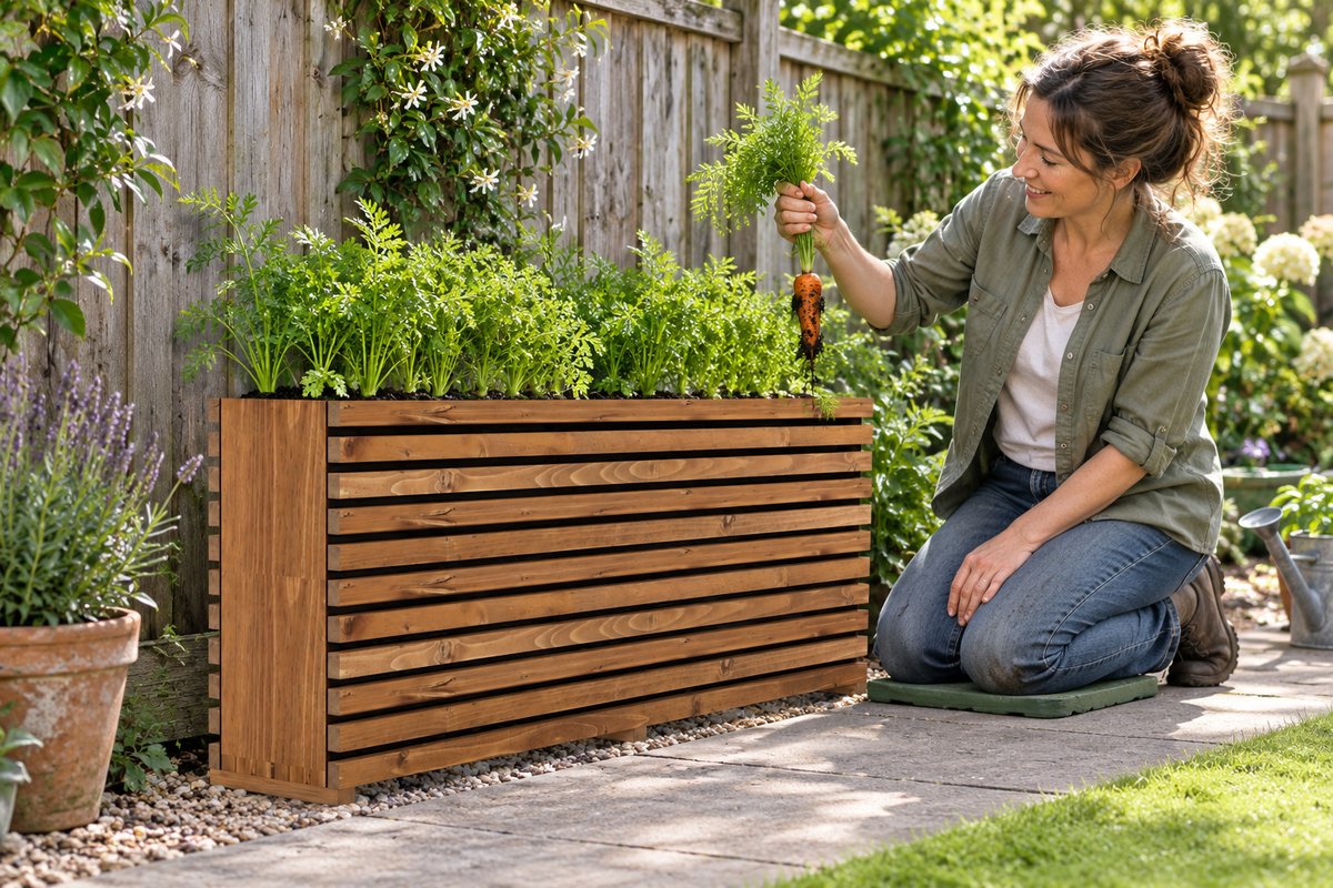 Gardener harvesting a carrot from an extended tan Sussex planter in a British garden.