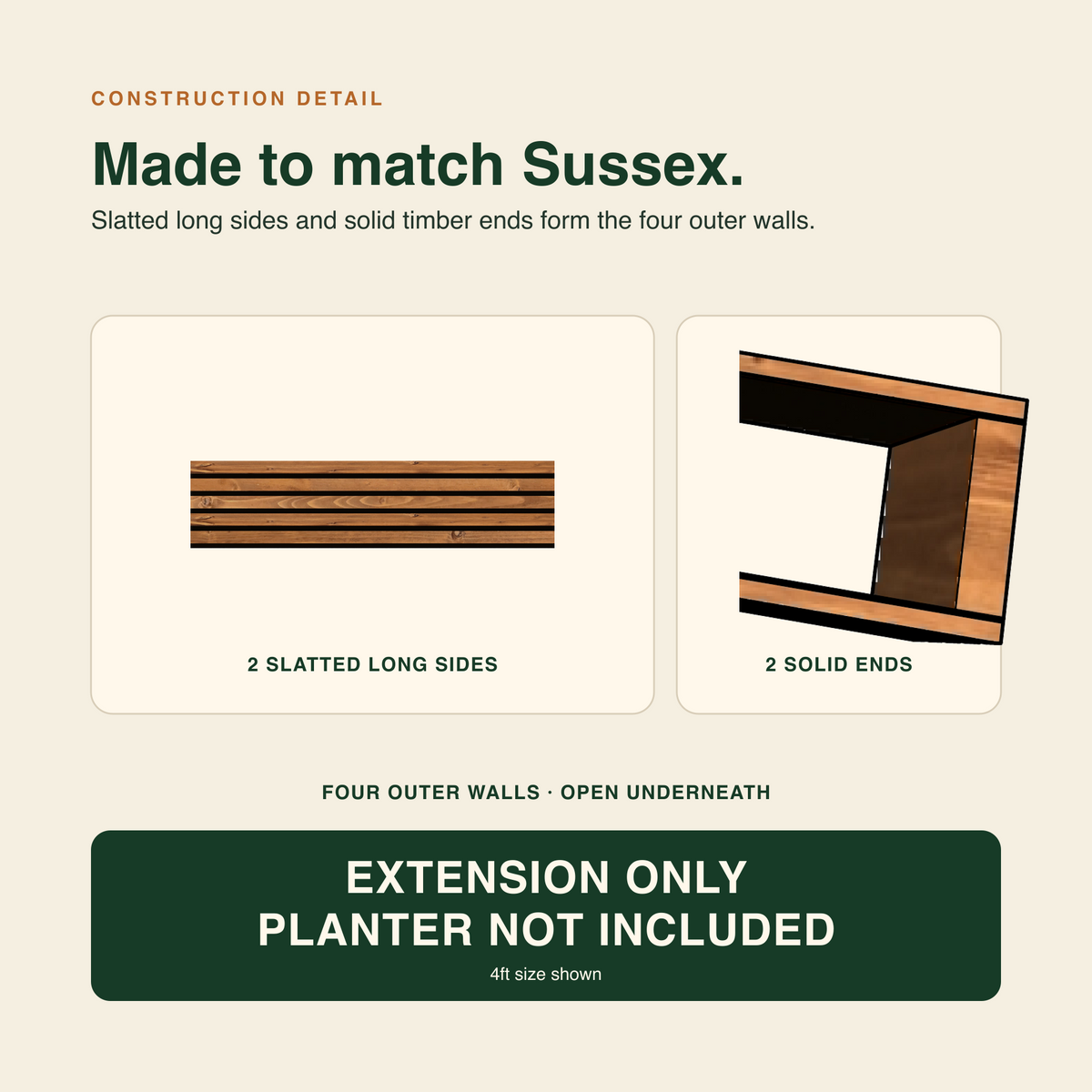 Construction detail of the Sussex height extension showing the slatted long side and solid timber end. Extension only; planter not included.