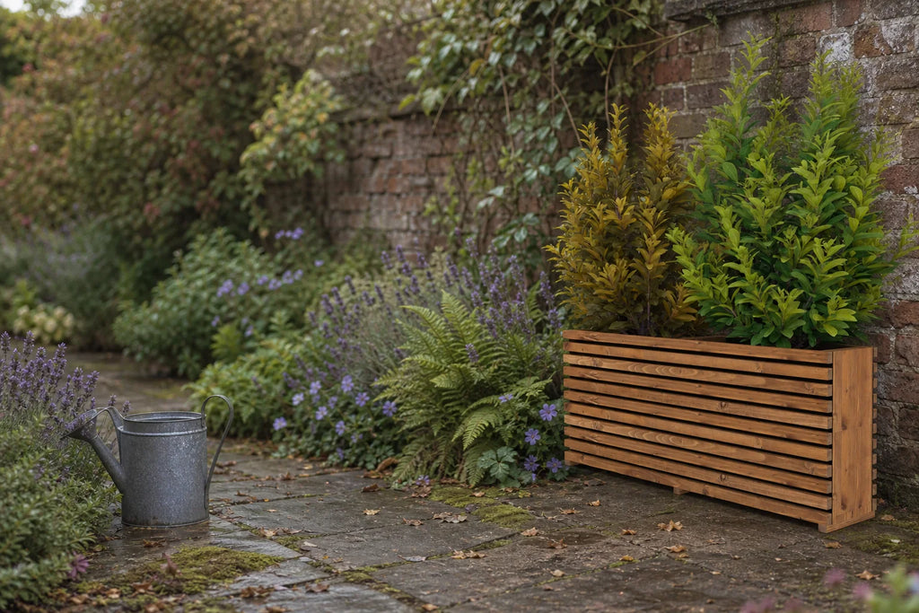 Fitted tan Sussex planter height extension with planting in a British cottage garden border.