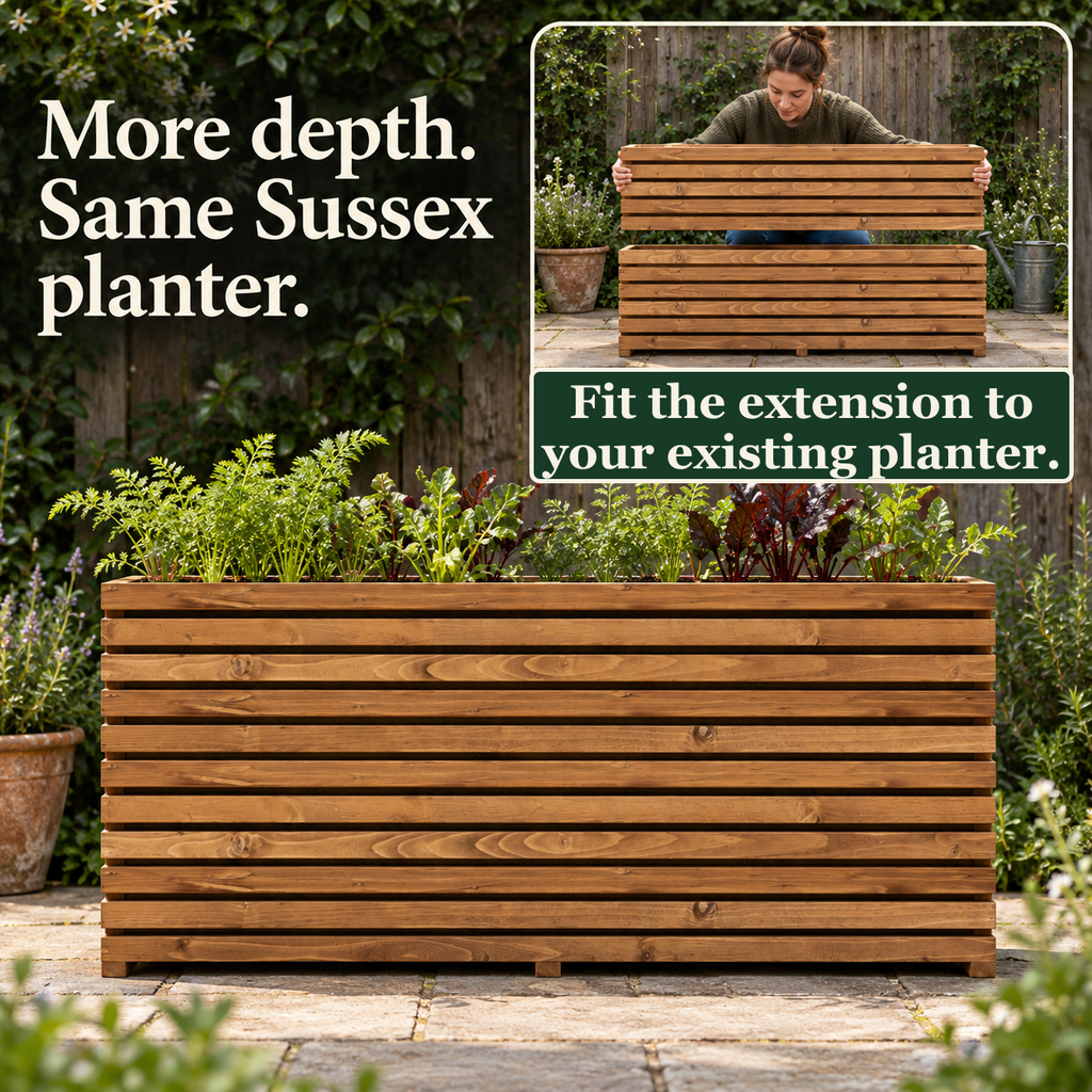 Extended Sussex planter growing vegetables, with an inset showing a person positioning the height extension above the existing planter.