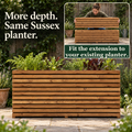 Extended Sussex planter growing vegetables, with an inset showing a person positioning the height extension above the existing planter.