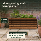 Sussex planter with a height extension showing 22.4 cm added depth and approximately 44 cm total growing depth for the 3ft and 4ft extensions.