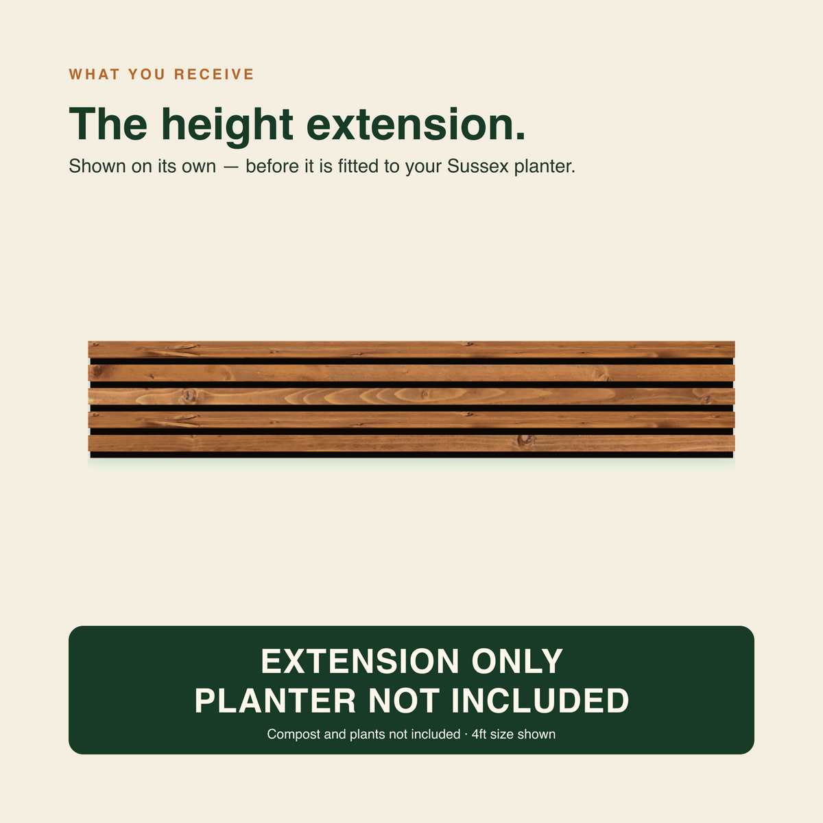 The Sussex planter height extension on its own, shown from the front. Extension only; planter not included.