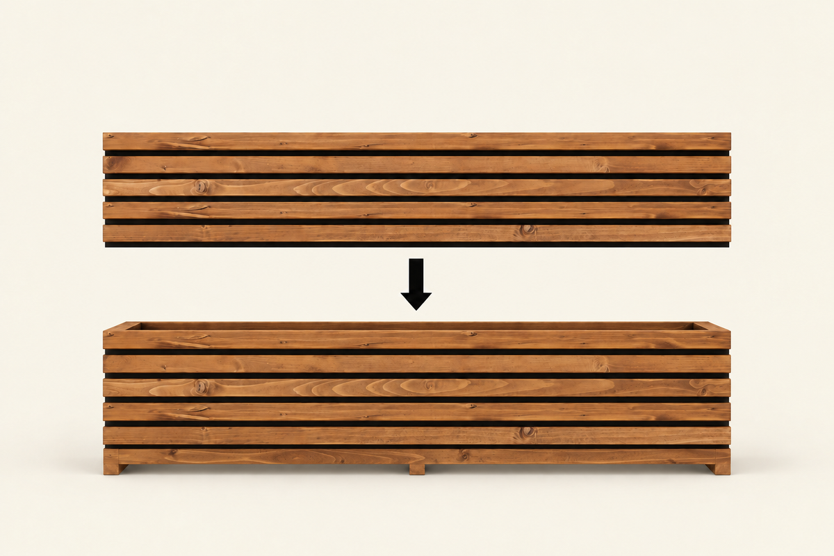 Tan Sussex height extension positioned above the matching existing Sussex planter, showing how the planter is built taller.