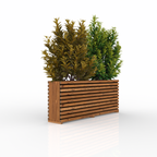 Tan Sussex planter fitted with one height extension and planted with shrubs, opposite three-quarter view. Planter and plants not included.