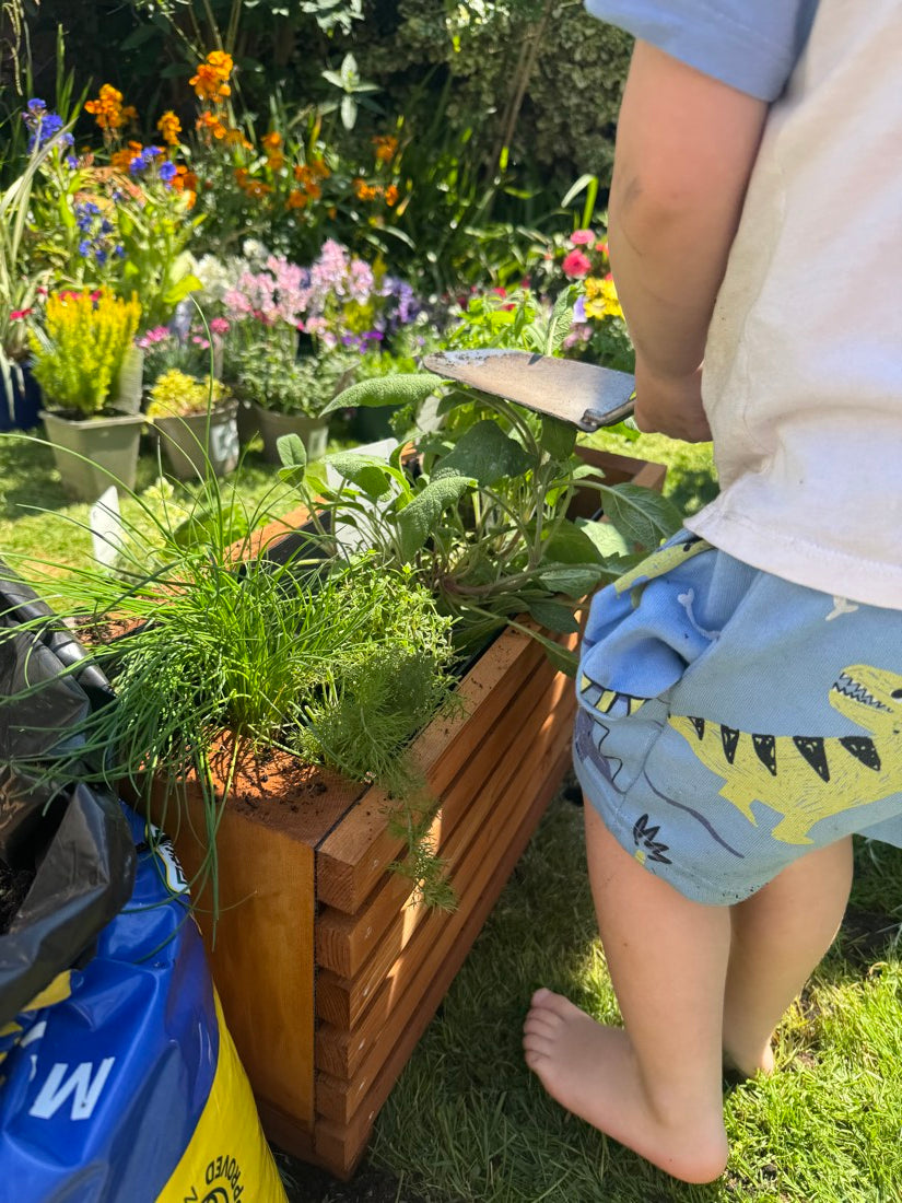 A child beside the tan Sussex planter, planted up with a row of herbs, right by the back door.