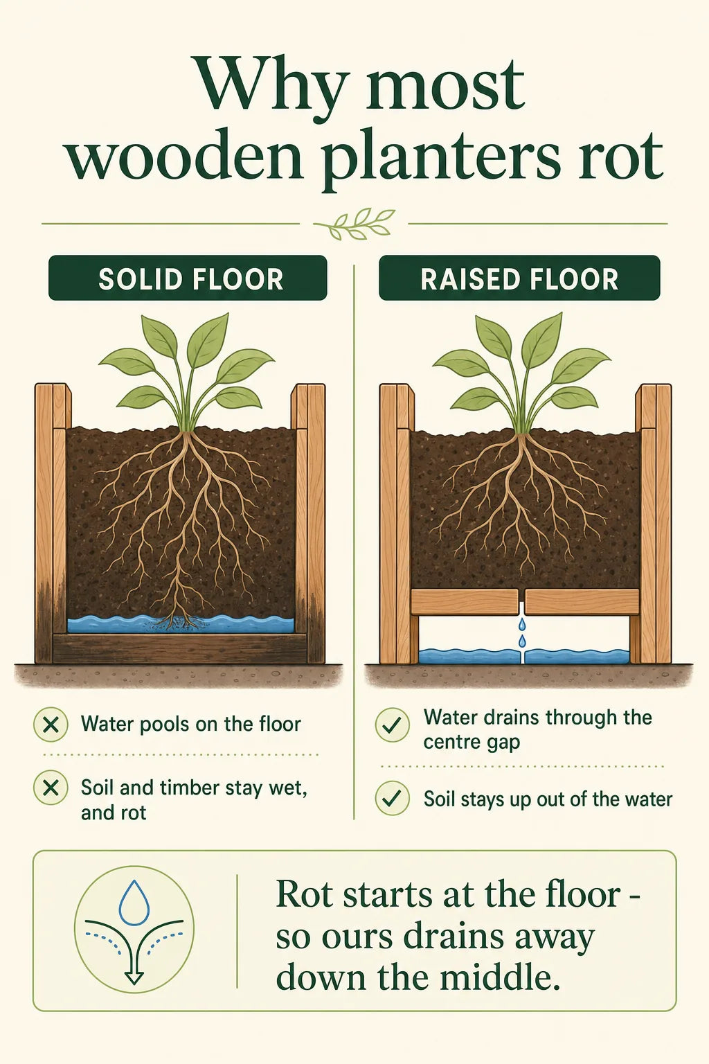 Cutaway: a solid floor traps water and rots from the floor up; the Sussex raised floor has a gap down the middle that drains water away from the soil, so it stays dry
