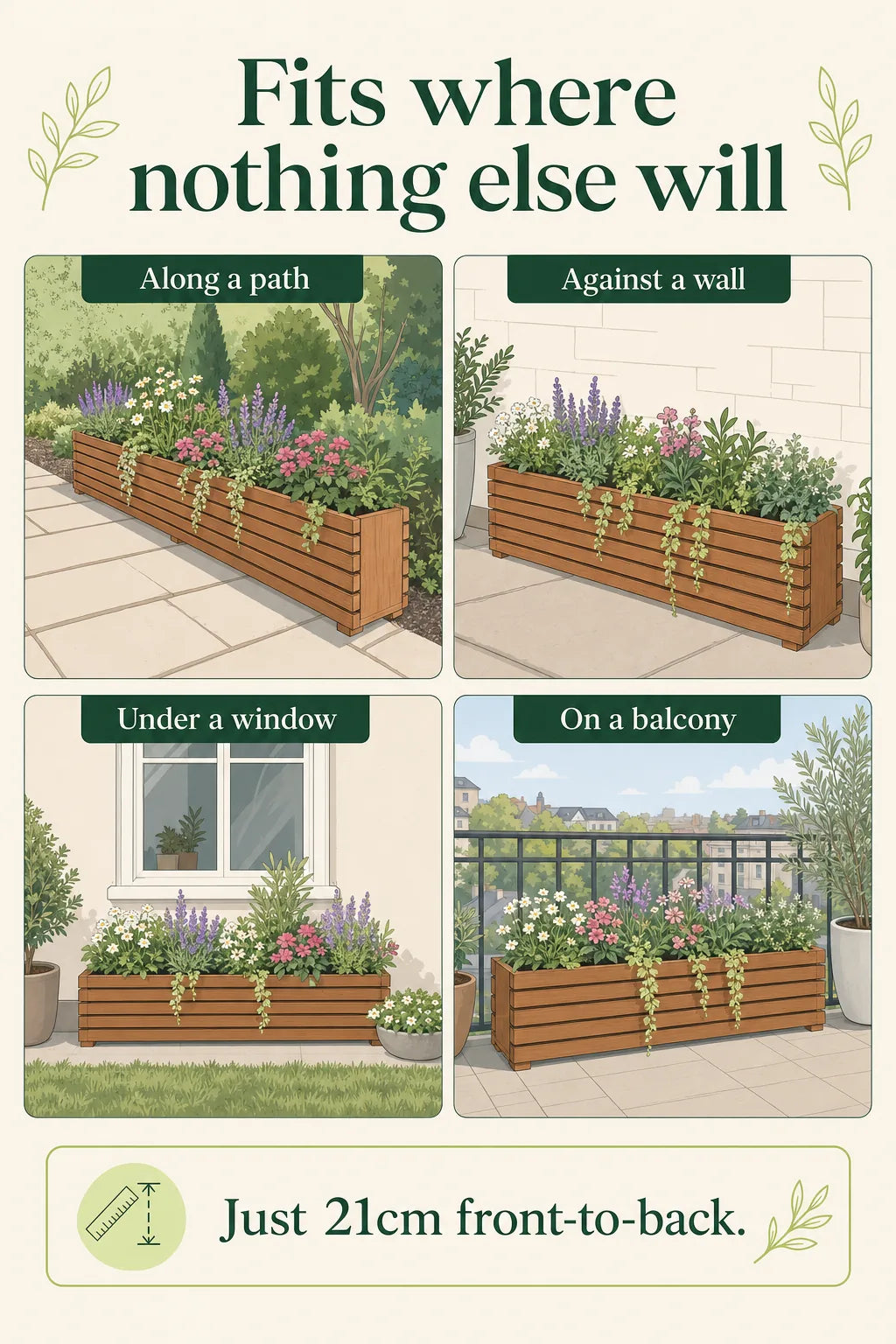 The Sussex Planter fitting four spots: along a path, against a wall, under a window and on a balcony — just 21cm front-to-back