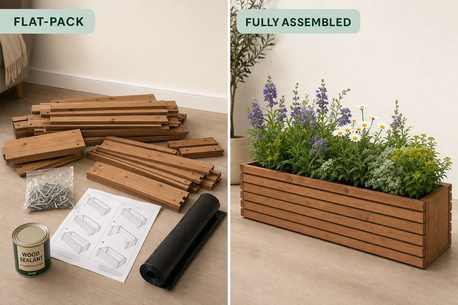 Flat-pack planter parts, screws, sealant and liner on the left versus the Sussex fully assembled and planted on the right