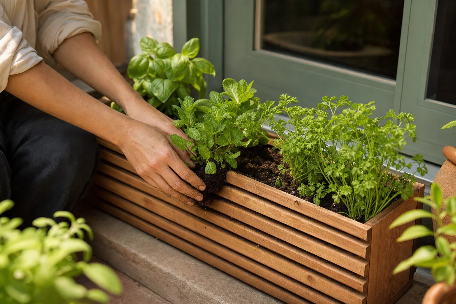 Hands planting fresh herbs into the Sussex Planter by a back door
