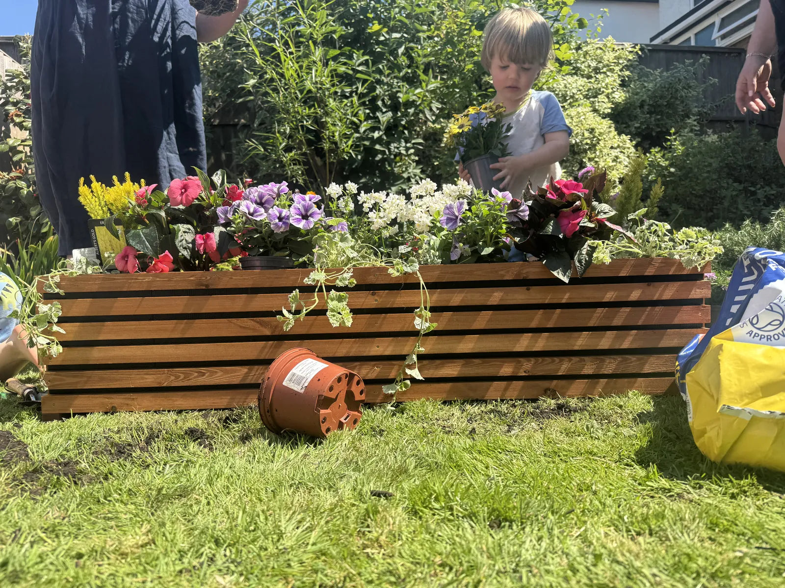 The Sussex Planter, a long low wooden trough, planted with flowers in a garden