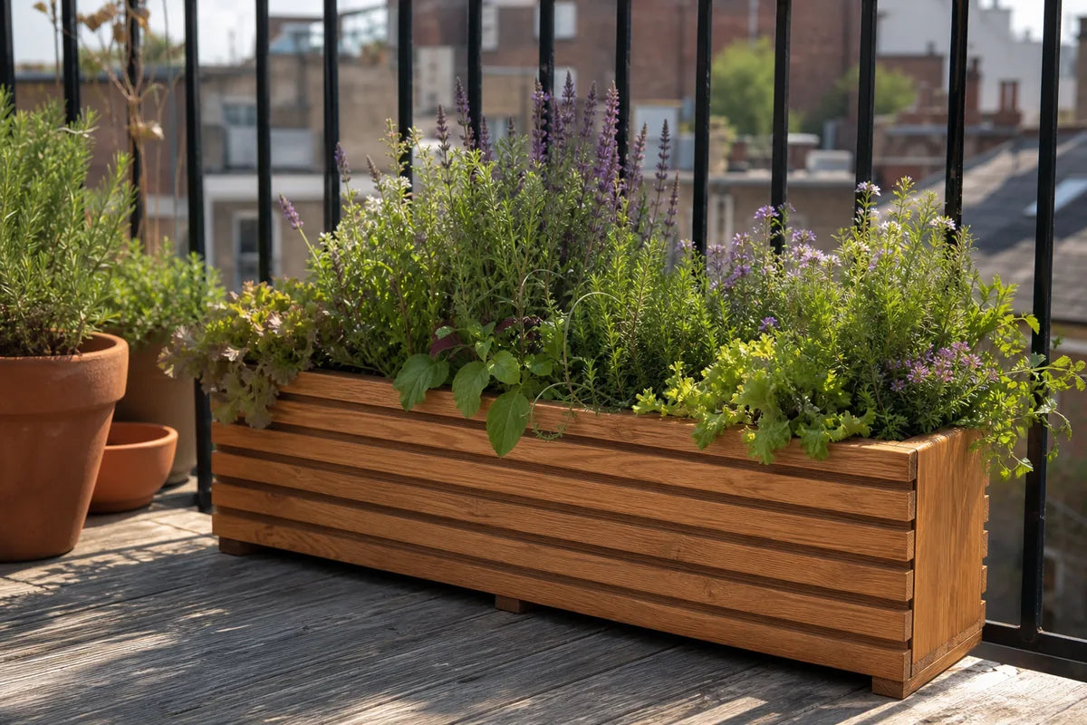 The Sussex planter on a balcony with railings, planted, city rooftops behind