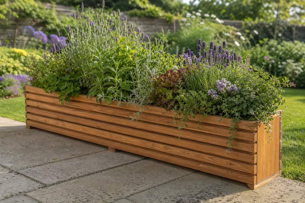 The Sussex planter running along a stone garden path, planted with herbs and lavender