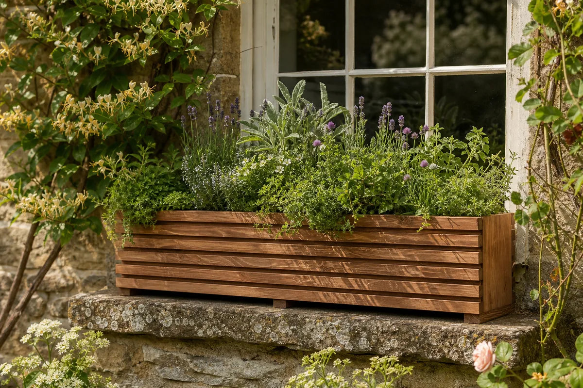 The Sussex planter beneath a cottage window, planted with herbs and flowers