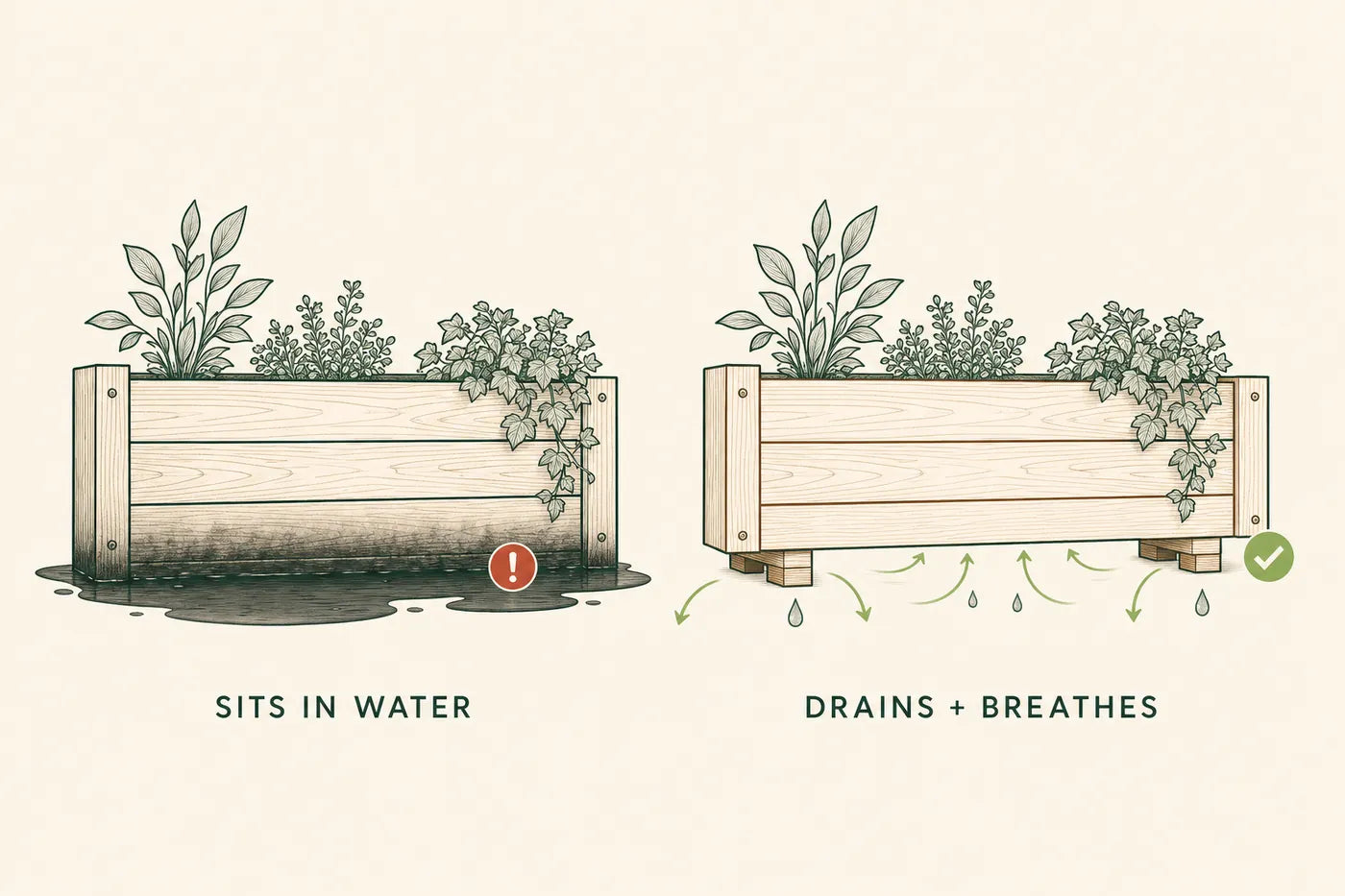Diagram showing how water drains through the slatted base of the Sussex planter rather than pooling around the roots