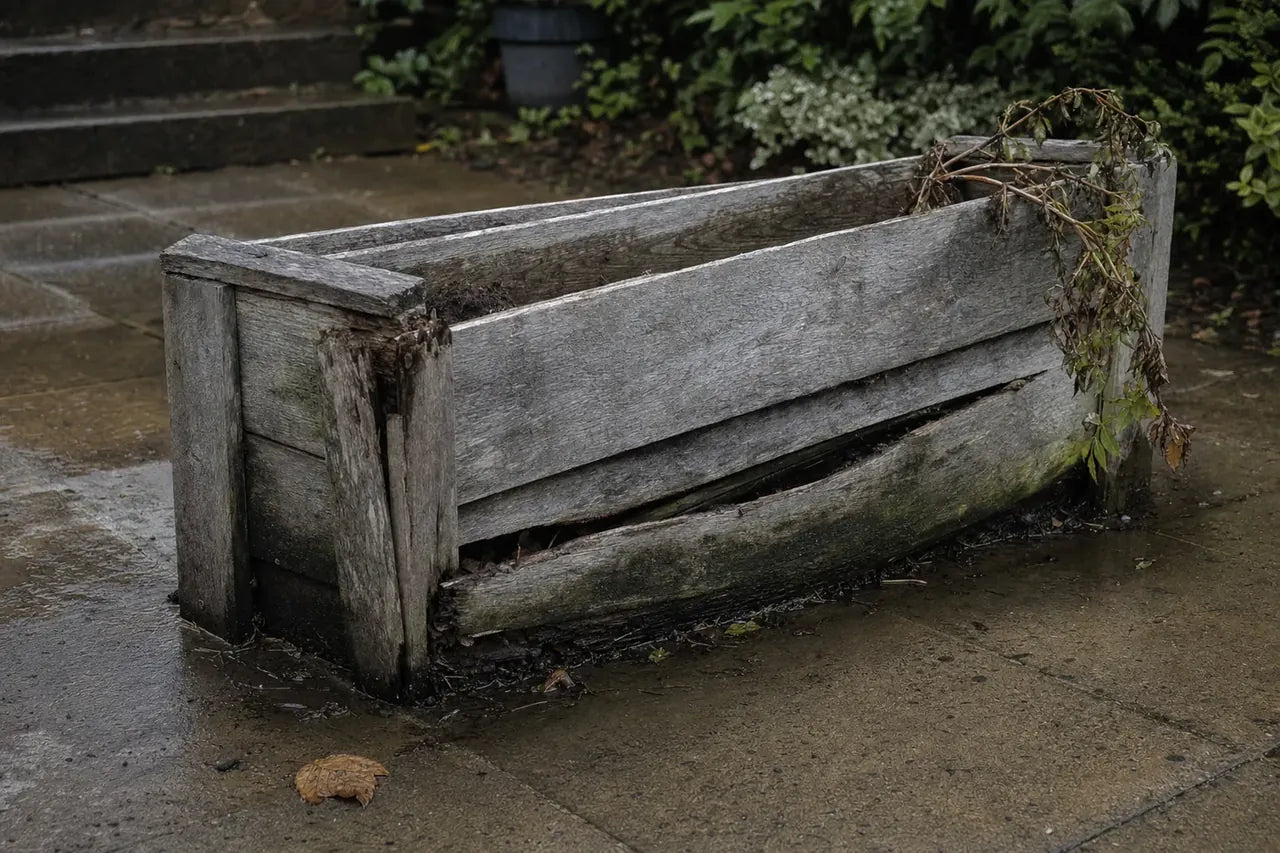 The rotted, bowed bottom boards of a cheap flat-based wooden planter that sat in trapped water